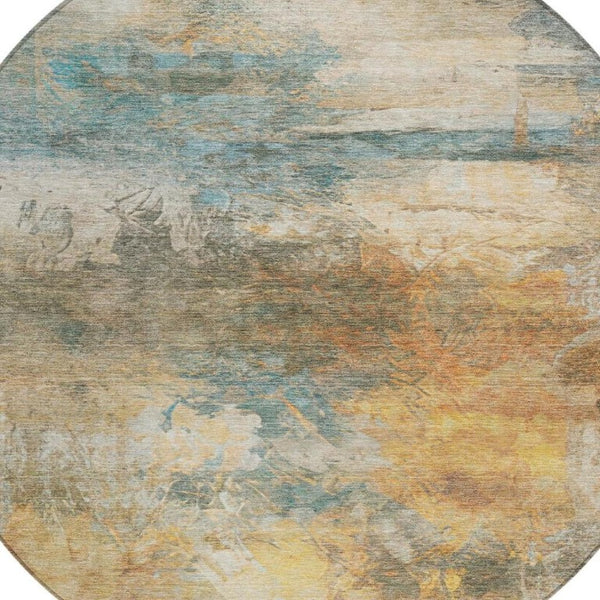 8 Ft Round Abstract Teal Beige Washable Polyester Rug for Patio or Family Room