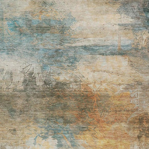 8x10 Abstract Teal Beige Washable Polyester Rug for Indoor Outdoor Living Spaces