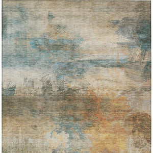 8x10 Abstract Teal Beige Washable Polyester Rug for Indoor Outdoor Living Spaces