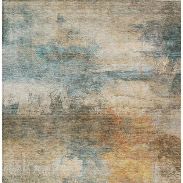 8x10 Abstract Teal Beige Washable Polyester Rug for Indoor Outdoor Living Spaces