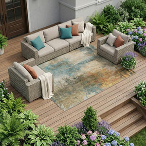 10 X 14 Abstract Teal Beige Washable Polyester Rug for Indoor Outdoor Living