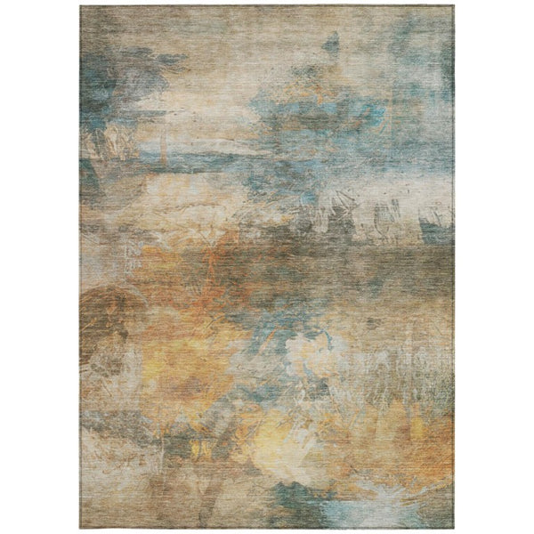 10 X 14 Abstract Teal Beige Washable Polyester Rug for Indoor Outdoor Living