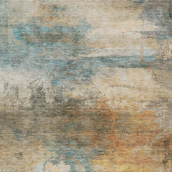 10 X 14 Abstract Teal Beige Washable Polyester Rug for Indoor Outdoor Living