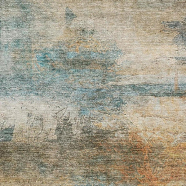10 X 14 Abstract Teal Beige Washable Polyester Rug for Indoor Outdoor Living