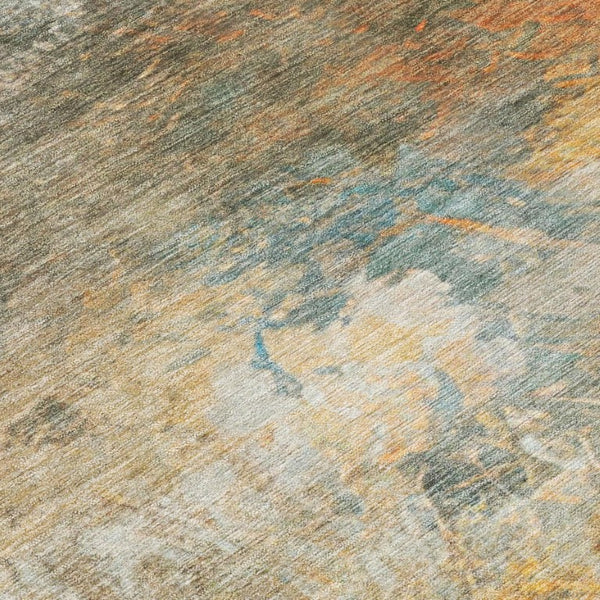 10 X 14 Abstract Teal Beige Washable Polyester Rug for Indoor Outdoor Living