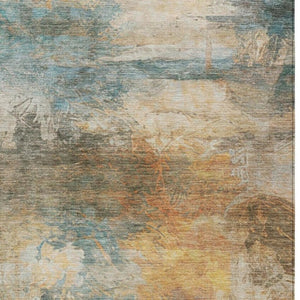 10 X 14 Abstract Teal Beige Washable Polyester Rug for Indoor Outdoor Living