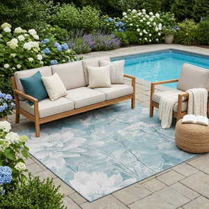 5 X 8 Aqua Teal Floral Polyester Area Rug Washable for Patio Porch or Living Room