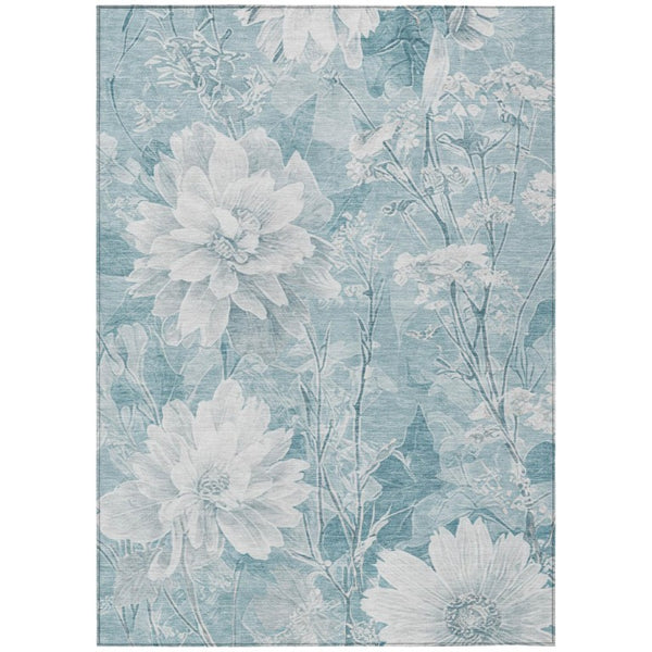 HomeRoots 5 X 8 Aqua Teal Floral Polyester Area Rug Washable for Patio Porch or Living Room 746441