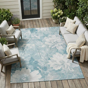 8 X 10 Aqua Teal Floral Polyester Area Rug Stain Resistant for Patio or Living Room