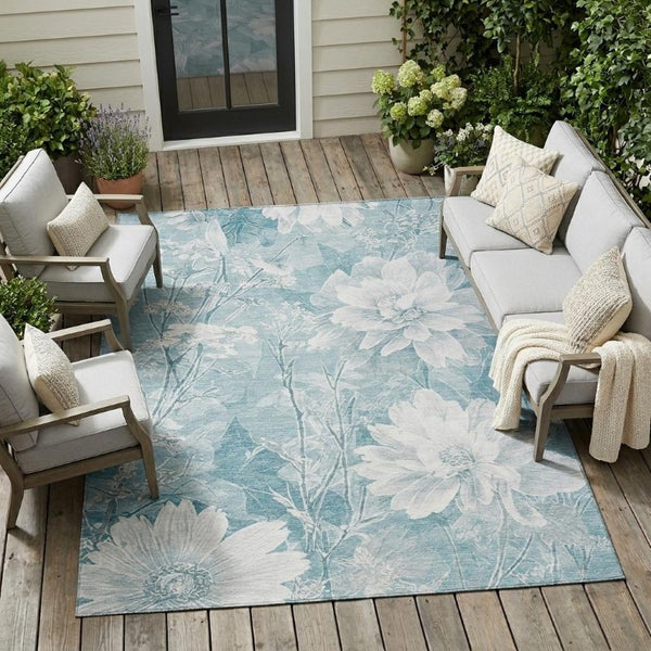 8 X 10 Aqua Teal Floral Polyester Area Rug Stain Resistant for Patio or Living Room