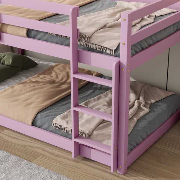 English Elm Solid Twin over Twin Floor Bunk Bed Pink – Solid Rubberwood Low-Height Platform with Ladder, Sturdy Slats, 200lb Capacity and Versatile Under-Bed Space for Kids Rooms (46.6"H x 77.3"L) W504P208048