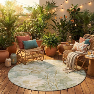 8 Ft Round Mint Floral Polyester Area Rug Washable Stain Resistant Indoor Outdoor