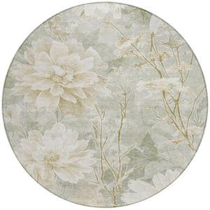 HomeRoots 8 Ft Round Mint Floral Polyester Area Rug Washable Stain Resistant Indoor Outdoor 746454