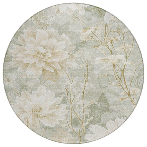 8 Ft Round Mint Floral Polyester Area Rug Washable Stain Resistant Indoor Outdoor