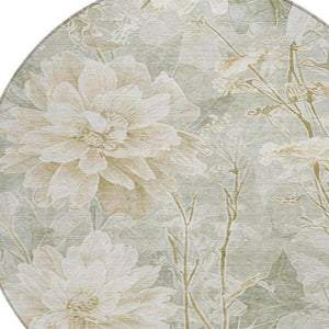 8 Ft Round Mint Floral Polyester Area Rug Washable Stain Resistant Indoor Outdoor