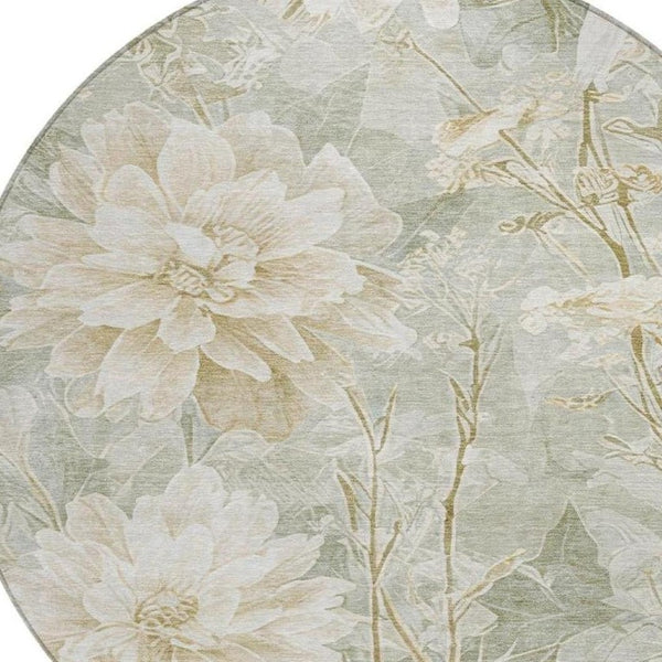 8 Ft Round Mint Floral Polyester Area Rug Washable Stain Resistant Indoor Outdoor