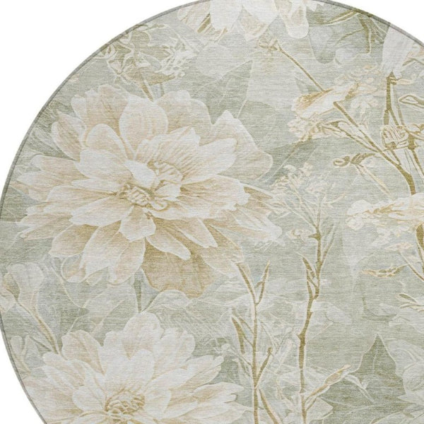 8 Ft Round Mint Floral Polyester Area Rug Washable Stain Resistant Indoor Outdoor
