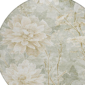 8 Ft Round Mint Floral Polyester Area Rug Washable Stain Resistant Indoor Outdoor