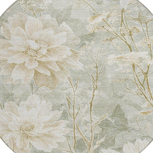 8 Ft Round Mint Floral Polyester Area Rug Washable Stain Resistant Indoor Outdoor