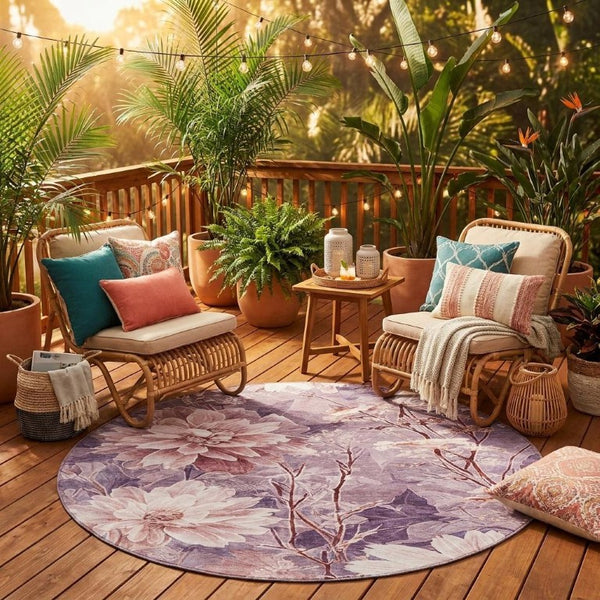 8 Ft Round Floral Polyester Area Rug Washable Indoor Outdoor Plum Purple Patio