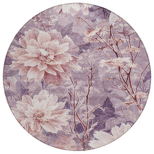 HomeRoots 8 Ft Round Floral Polyester Area Rug Washable Indoor Outdoor Plum Purple Patio 746460