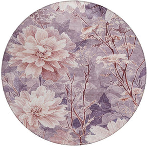 8 Ft Round Floral Polyester Area Rug Washable Indoor Outdoor Plum Purple Patio