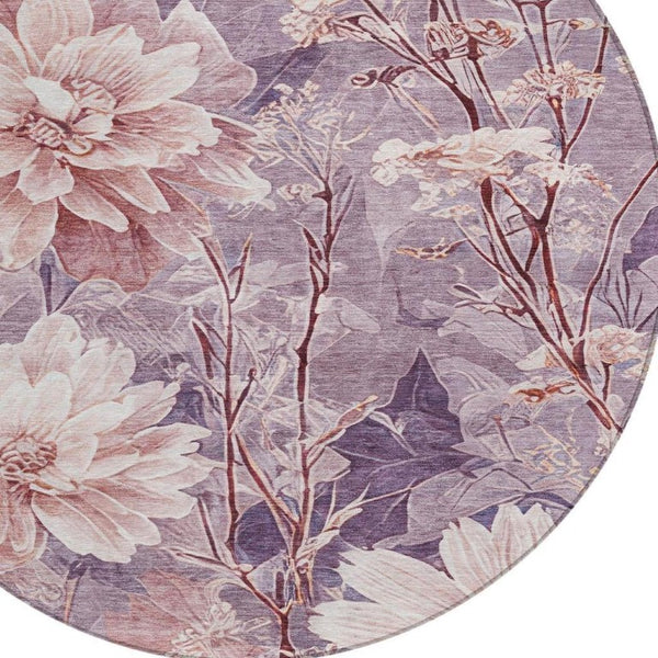 8 Ft Round Floral Polyester Area Rug Washable Indoor Outdoor Plum Purple Patio