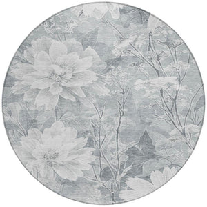 8 Foot Round Floral Polyester Area Rug Washable Silver Gray Indoor Outdoor Patio