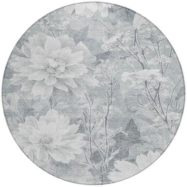 8 Foot Round Floral Polyester Area Rug Washable Silver Gray Indoor Outdoor Patio