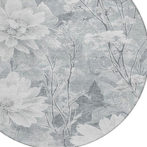 8 Foot Round Floral Polyester Area Rug Washable Silver Gray Indoor Outdoor Patio