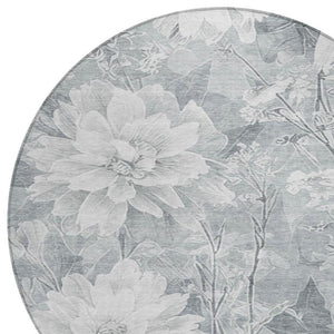 8 Foot Round Floral Polyester Area Rug Washable Silver Gray Indoor Outdoor Patio