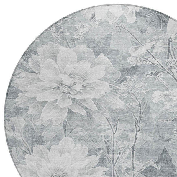 8 Foot Round Floral Polyester Area Rug Washable Silver Gray Indoor Outdoor Patio