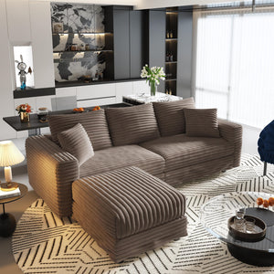 English Elm 82.7" Plush Corduroy 3-Seat Sofa - Cozy Modern Couch With Convertible Ottoman & Soft Pillows, Camel W1885S00148