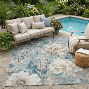 5x8 Teal Silver Floral Polyester Area Rug Washable Stain Resistant Indoor Outdoor