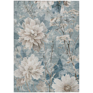 HomeRoots 5x8 Teal Silver Floral Polyester Area Rug Washable Stain Resistant Indoor Outdoor 746471