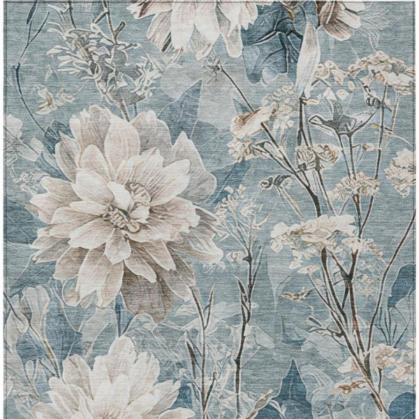 5x8 Teal Silver Floral Polyester Area Rug Washable Stain Resistant Indoor Outdoor