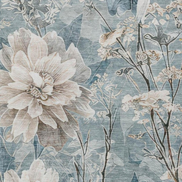 5x8 Teal Silver Floral Polyester Area Rug Washable Stain Resistant Indoor Outdoor