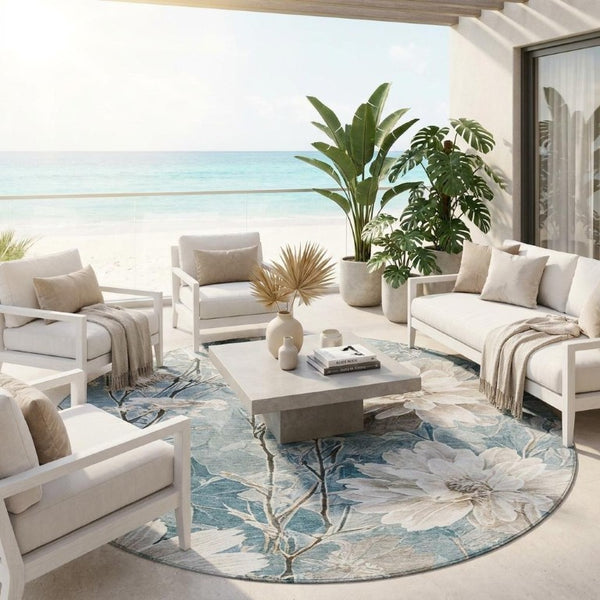 8 Ft Round Teal Floral Polyester Area Rug Washable Stain Resistant Indoor Outdoor Use