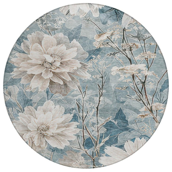 HomeRoots 8 Ft Round Teal Floral Polyester Area Rug Washable Stain Resistant Indoor Outdoor Use 746472