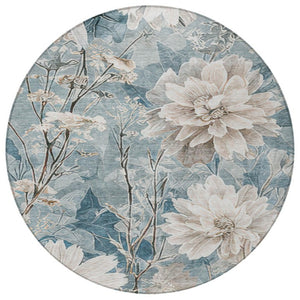 8 Ft Round Teal Floral Polyester Area Rug Washable Stain Resistant Indoor Outdoor Use