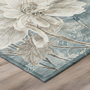 8 Ft Round Teal Floral Polyester Area Rug Washable Stain Resistant Indoor Outdoor Use