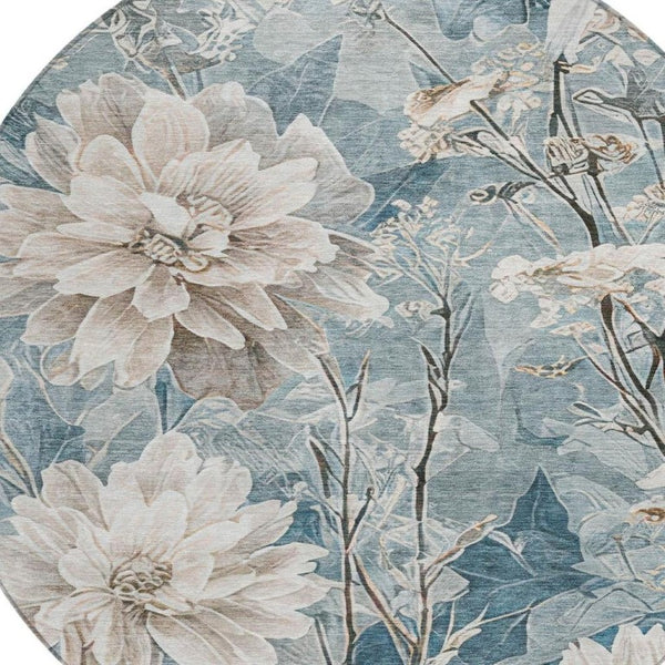 8 Ft Round Teal Floral Polyester Area Rug Washable Stain Resistant Indoor Outdoor Use