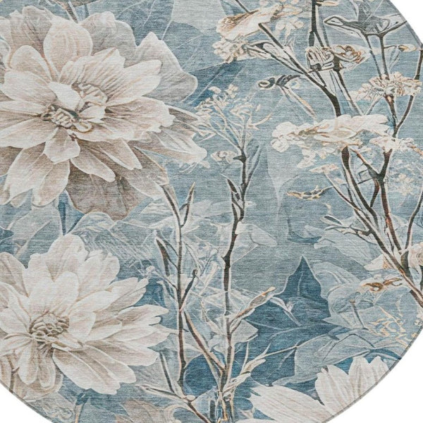 8 Ft Round Teal Floral Polyester Area Rug Washable Stain Resistant Indoor Outdoor Use