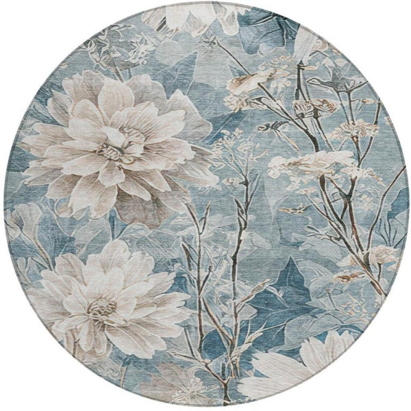 8 Ft Round Teal Floral Polyester Area Rug Washable Stain Resistant Indoor Outdoor Use