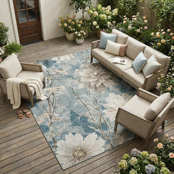 8 X 10 Floral Polyester Area Rug Washable Stain Resistant for Indoor Outdoor Use