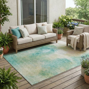 5 X 8 Abstract Aqua Teal Polyester Washable Rug for Patio Porch or Living Room