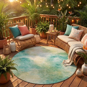 8 Ft Round Aqua Teal Abstract Polyester Rug Washable for Indoor Outdoor Use