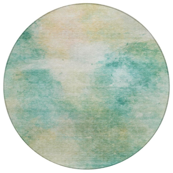 HomeRoots 8 Ft Round Aqua Teal Abstract Polyester Rug Washable for Indoor Outdoor Use 746484
