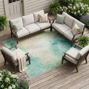 8 X 10 Abstract Aqua Teal Polyester Area Rug Washable for Indoor Outdoor Spaces
