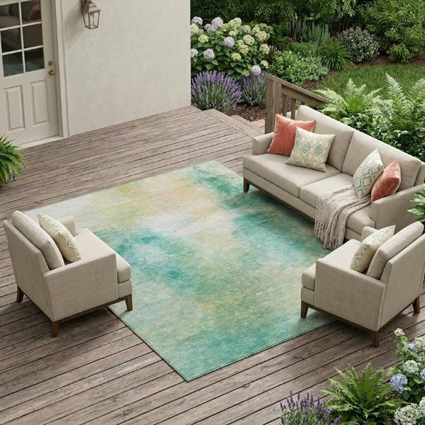 10 X 14 Aqua Teal Abstract Polyester Area Rug Washable for Indoor Outdoor Use